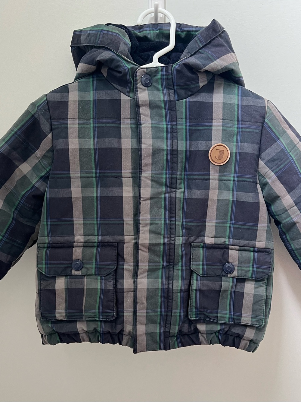 High End Jacadi Plaid Hooded Puffer Jacket - Navy, Gray & Green